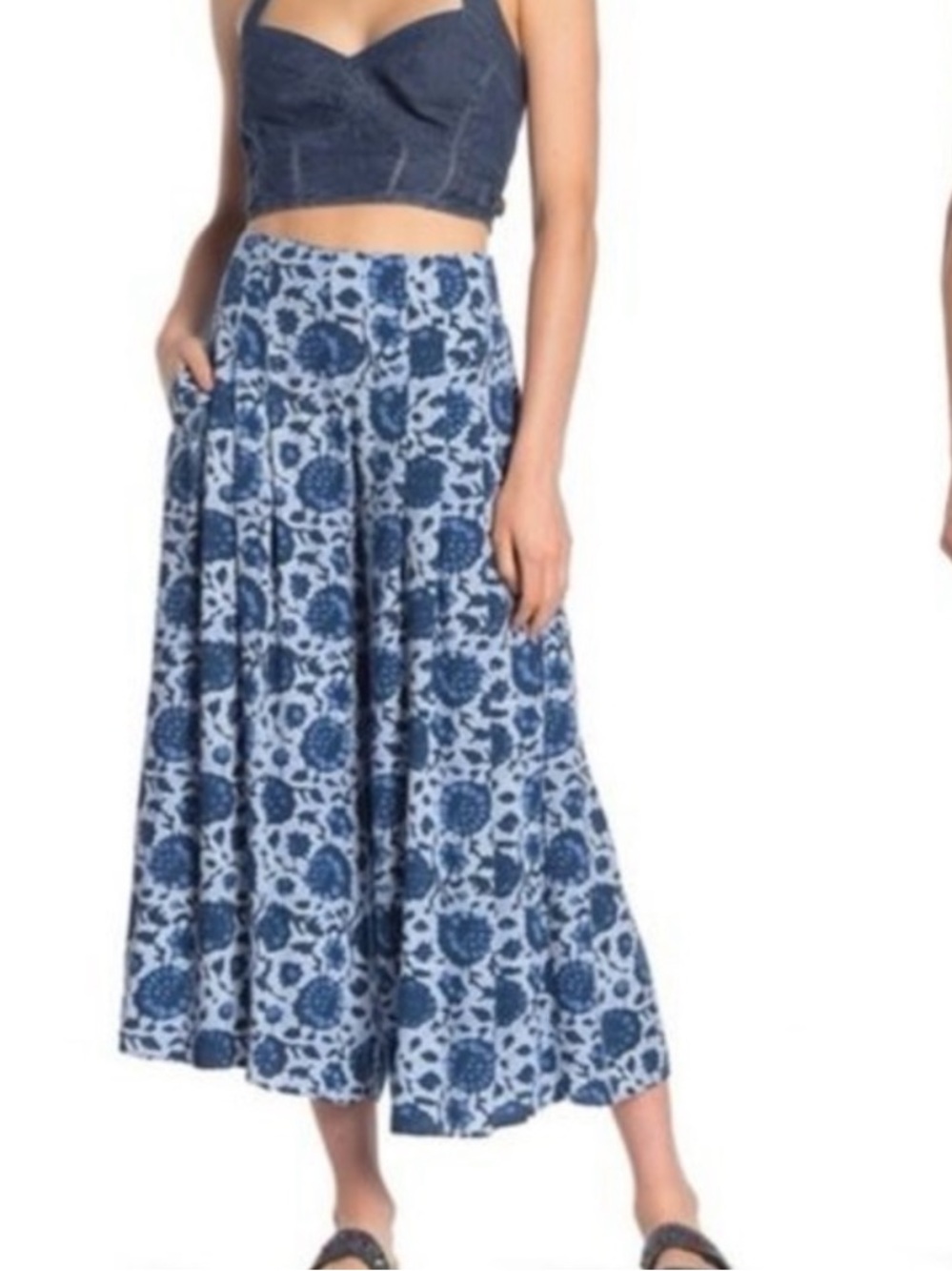 Free People Floral Blue and White Women's Wide Leg Pants